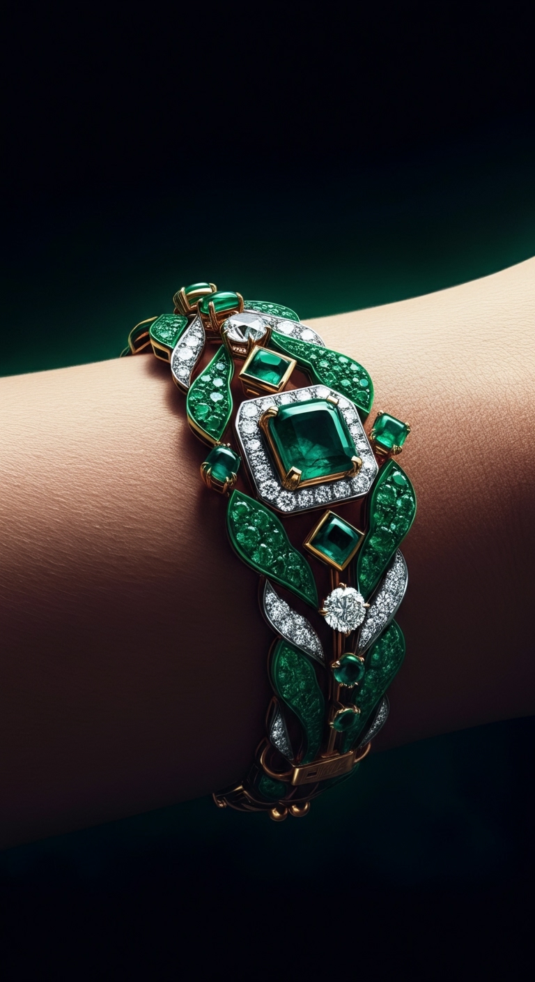 A brilliant thick gold aggressive panther bracelet featuring bright glowing emerald green eyes clearly