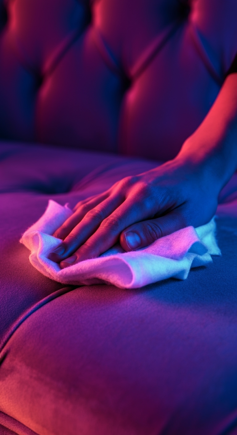 A professional upholstery cleaner gently treating a stain on a bright woven fabric