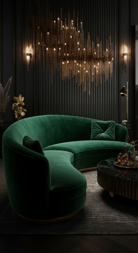 Luxury curved green velvet sofa with dramatic gold lighting
