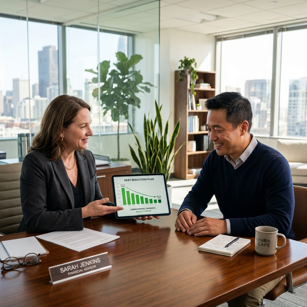 A professional financial advisor discussing debt relief options with a small business owner over lower payment charts