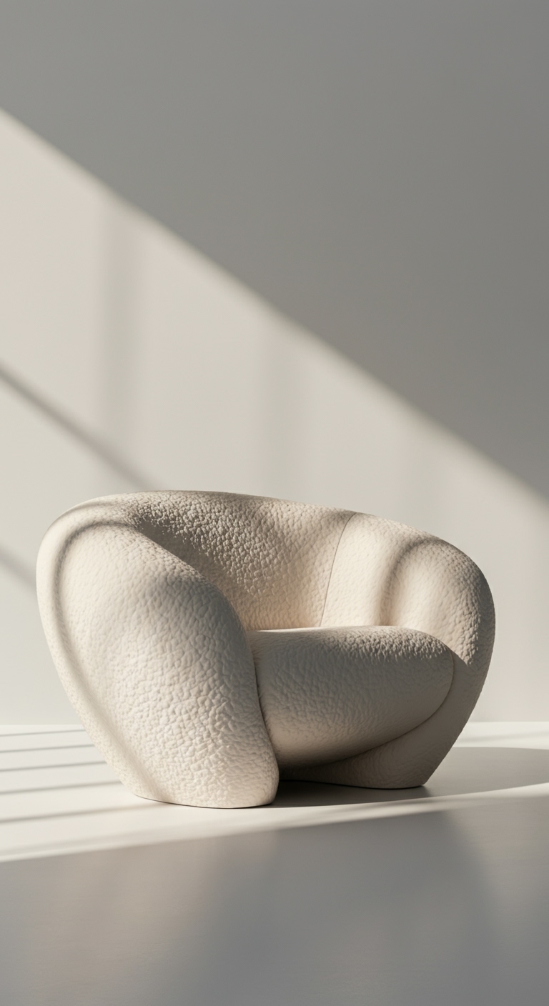 A modern curved white textured armchair sitting in a bright room