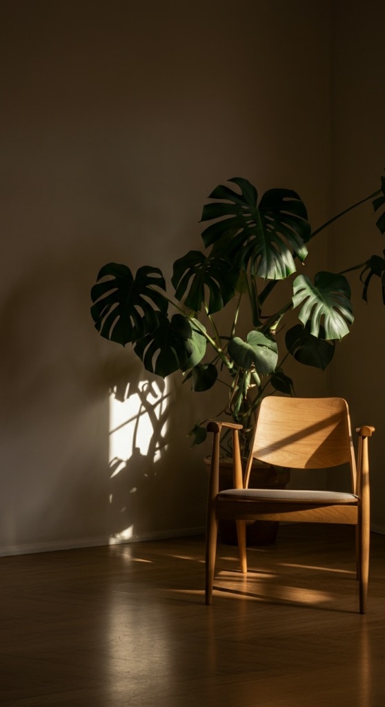 Minimalist wooden armchair in a sun-drenched room
